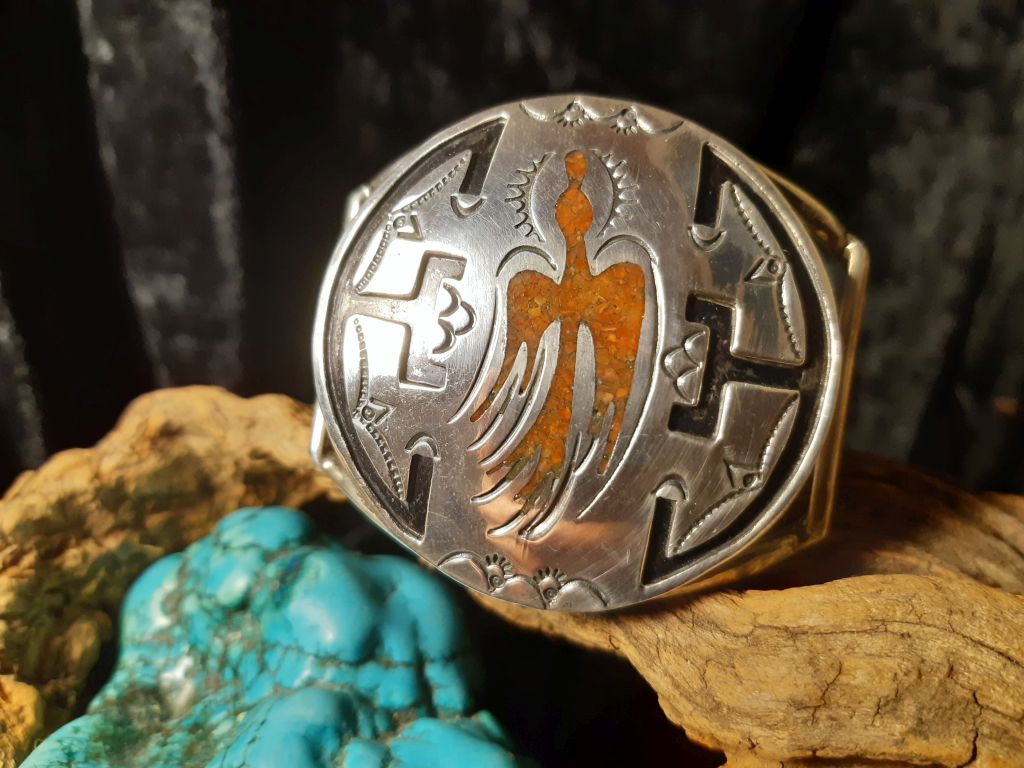 Interessanter Chipinlay Armreif, Peyotevogel, Overlay, Unisex, Navajo, Koralle, 925er Sterlingsilber,