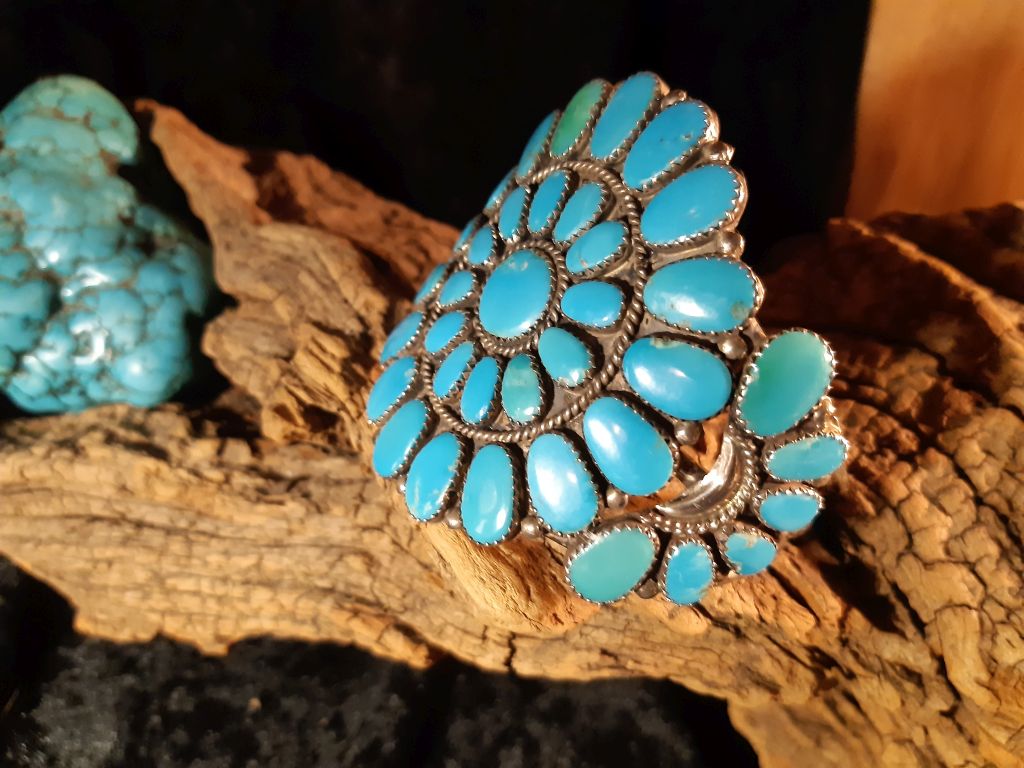 Indianer Armreif Cluster, Navajo, old pawn, 42 Türkise, 925er Sterlingsilber