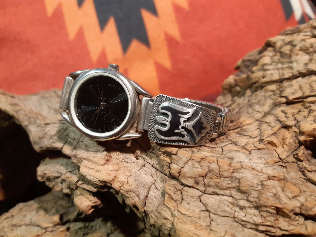 Indianeruhr, Damen, Peyotevogel, Onyx, Overlay, 925er Sterlingsilber, Navajo, signiert Wolfskopf