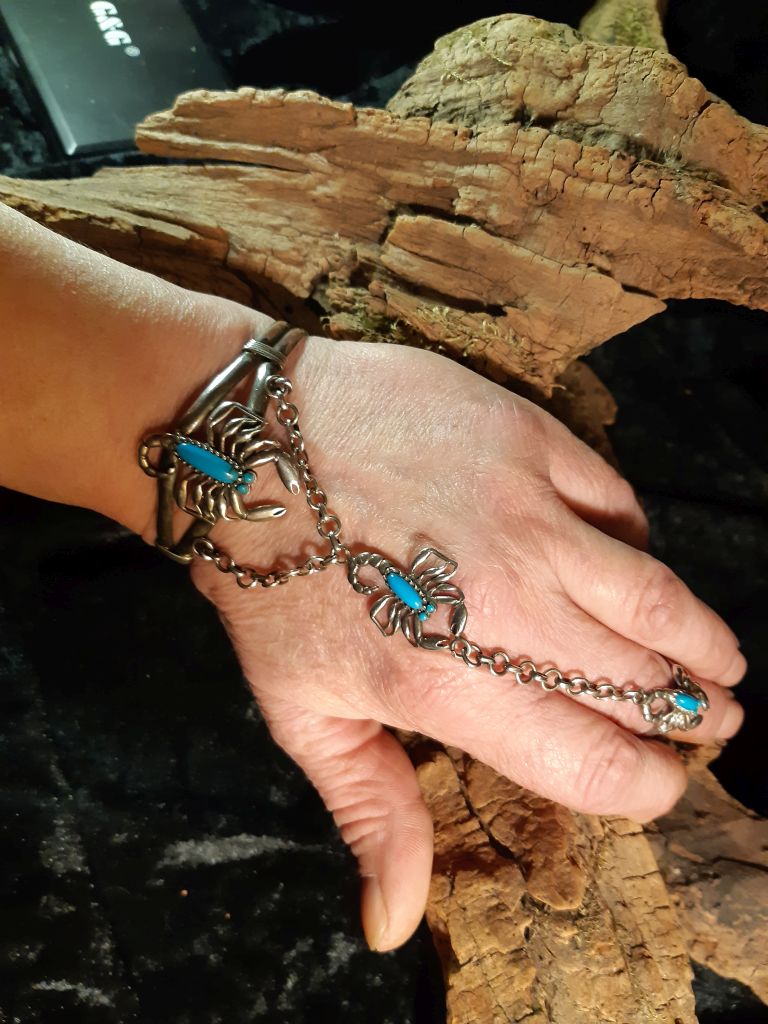 Slave Indianer Armreif, Skorpion, Navajo, Unisex, Türkis, Sklavenarmband, 925er Sterlingsilber,